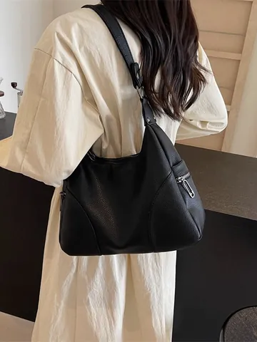 Women's PU Litchi Grain Hobo Bag Large Capacity Casual Commute Underarm Shoulder Bag With Side Zippers Stylish Dumpling Bag