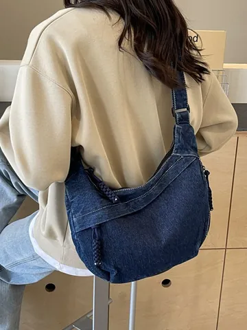 Vintage Denim Hobo Bag Women Large Capacity Water Washed Crossbody Shoulder Bag Braided Zipper Pull Retro Casual Handbag