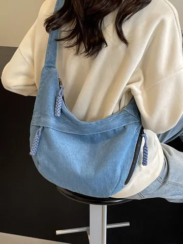 Vintage Denim Hobo Bag Women Large Capacity Water Washed Crossbody Shoulder Bag Braided Zipper Pull Retro Casual Handbag