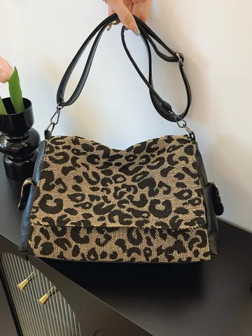 Vrouwen Vintage Luipaardprint Grote Capaciteit Crossbody Tas Splicing Canvas Lederen Schoudertas Veelzijdige Tote Handtas