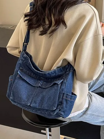 Damen Denim Umhängetasche Vintage Workwear Multi Tasche Crossbody Bag Gewaschene Denim Tote Bag Casual Messenger Bag