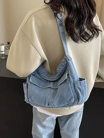 Damen Denim Umhängetasche Vintage Workwear Multi Tasche Crossbody Bag Gewaschene Denim Tote Bag Casual Messenger Bag