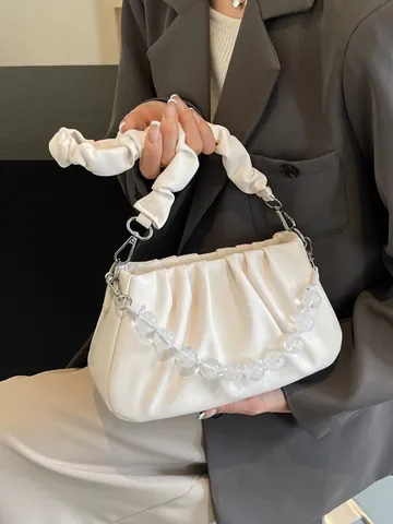 Dames Geplooide Wolken Crossbody Tas PU Leer Onderarm Schoudertas Met Acryl Parels Ketting Street Style Dagelijkse Handtas