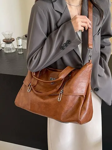 Borsa Tote da Donna in Pelle PU di Grande Capacità Borsa a Mano Boston Retro Occidentale Con Tracolla Regolabile da Viaggio