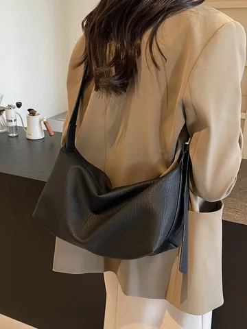 Women's Retro PU Leather Hobo Bag Minimalist Lychee Texture Underarm Shoulder Bag With Adjustable Strap Spacious Crossbody Handbag