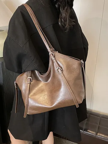 Vintage PU Leather Large Capacity Tote Bag For Women Retro Stitching Commuter Shoulder Bag Solid Color Office Handbag