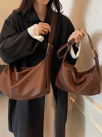 Women's Retro PU Leather Hobo Bag Minimalist Lychee Texture Underarm Shoulder Bag With Adjustable Strap Spacious Crossbody Handbag