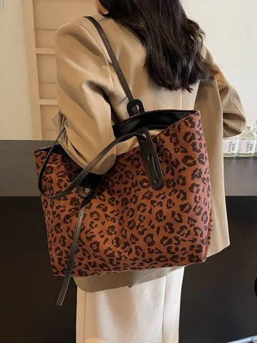 Sac Fourre-tout en Velours à Imprimé Léopard Vintage Femmes Grande Capacité Sac à Bandoulière Avec Pochette Intérieure
