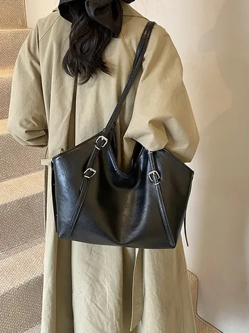 Vintage PU Leather Large Capacity Tote Bag For Women Retro Stitching Commuter Shoulder Bag Solid Color Office Handbag