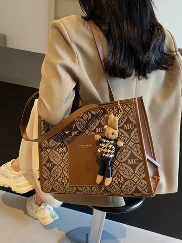 Women Large Capacity Tote Bag Vintage Monogram PU Leather Shoulder Bag For Commuter Office Work With Cute Rabbit Pendant