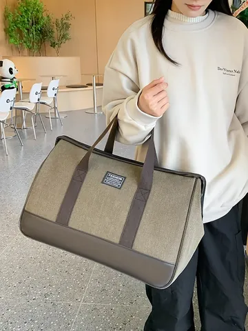 Large Capacity Canvas Travel Bag For Men Women Handheld Duffel Bag With Synthetic Leather Base Fashion Travel Luggage Bag For Weekend Trip Gym