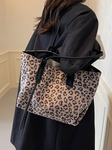 Sac Fourre-tout en Velours à Imprimé Léopard Vintage Femmes Grande Capacité Sac à Bandoulière Avec Pochette Intérieure
