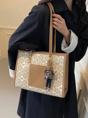 Women Large Capacity Tote Bag Vintage Monogram PU Leather Shoulder Bag For Commuter Office Work With Cute Rabbit Pendant