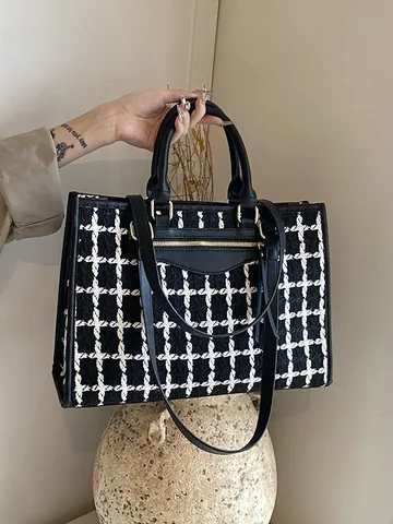 Dames Grote Capaciteit Tweed Houndstooth Tote Tas Retro Geruite Schouder Crossbody Handtas Met Leren Handvat Voor Dagelijks