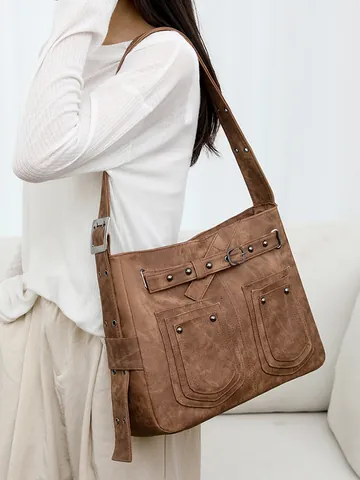 Dames Vintage PU Lederen Schoudertas Grote Capaciteit Crossbody Tas Multi Pocket Klinknagel Decor Casual Tote Messenger Bag