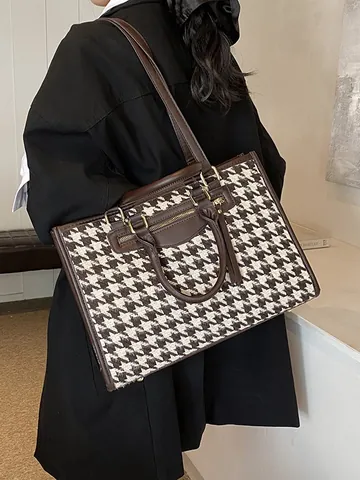 Dames Grote Capaciteit Tweed Houndstooth Tote Tas Retro Geruite Schouder Crossbody Handtas Met Leren Handvat Voor Dagelijks
