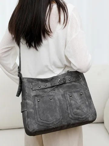Dames Vintage PU Lederen Schoudertas Grote Capaciteit Crossbody Tas Multi Pocket Klinknagel Decor Casual Tote Messenger Bag