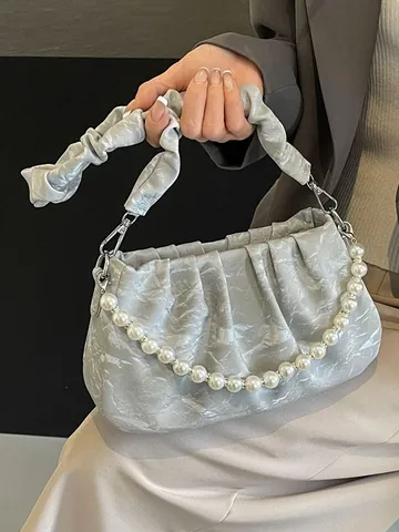 Women Ruched Shoulder Bag Artificial Pearl Chain Underarm Bag Pleated PU Leather Cloud Bag Crossbody Daily Purse Handbag Jewelry Accents