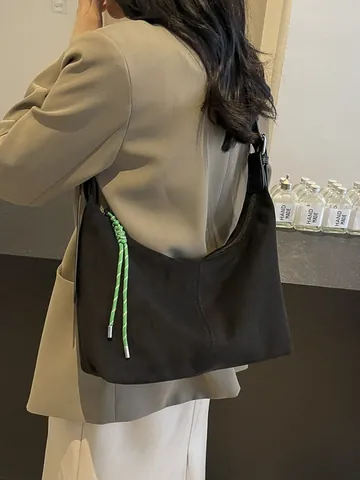 Large Capacity Hobo Tote Bag For Women Vintage Suede Texture PU Leather Shoulder Bag With Green Woven Rope Adjustable Strap