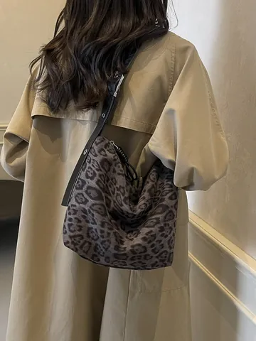 Borsa a Tracolla Vintage Leopardata da Donna di Grande Capacità Borsa Hobo alla Moda in Pelle PU Borsa a Spalla Donna