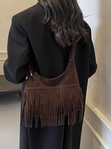 Vintage Franje Hobo Schoudertas Voor Vrouwen Retro Suède Look PU Leer Tassel Onderarm Crossbody Tas Dagelijks Gebruik