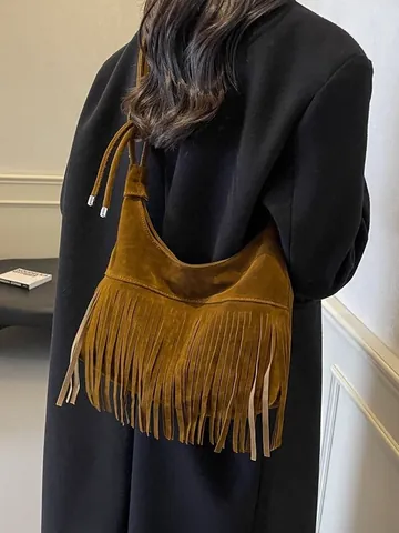 Vintage Franje Hobo Schoudertas Voor Vrouwen Retro Suède Look PU Leer Tassel Onderarm Crossbody Tas Dagelijks Gebruik