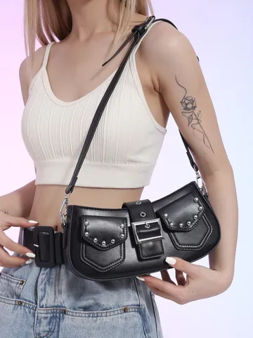 Y2K Damen Unterarmtasche Vintage Nieten Mehrfachtaschen Schultertasche PU Leder Umhängetasche Mit Großer Metallschnalle Streetwear Tasche