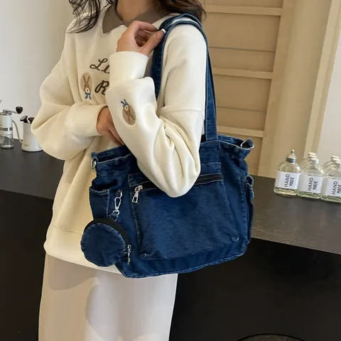 Women Large Capacity Denim Tote Bag Retro Washed Multi Pocket Shoulder Bag With Detachable Round Coin Purse Crossbody Bag