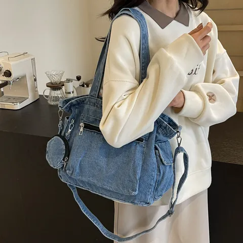 Women Large Capacity Denim Tote Bag Retro Washed Multi Pocket Shoulder Bag With Detachable Round Coin Purse Crossbody Bag