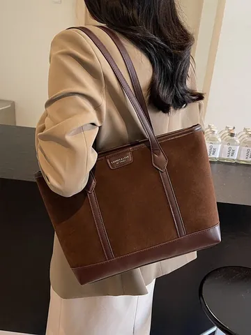 Women Large Capacity PU Suede Tote Bag Vintage Shoulder Bag For Commute Office Minimalist Retro Splicing Zipper Handbag