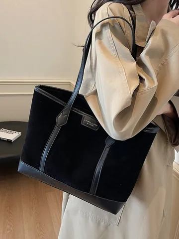 Women Large Capacity PU Suede Tote Bag Vintage Shoulder Bag For Commute Office Minimalist Retro Splicing Zipper Handbag