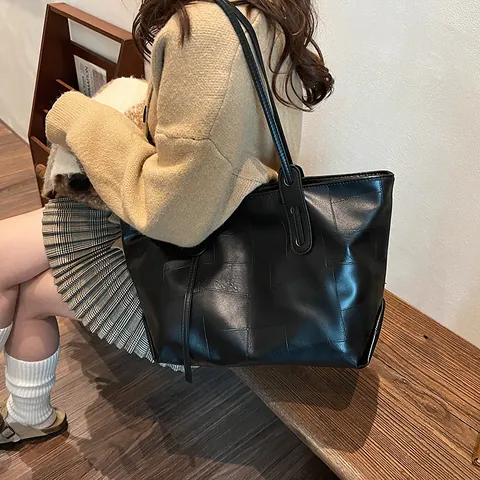 Borsa Tote Vintage in Pelle PU di Grande Capacità per Donna Borsa a Tracolla Patchwork Geometrico di Moda Borsa per Pendolari Lavoro