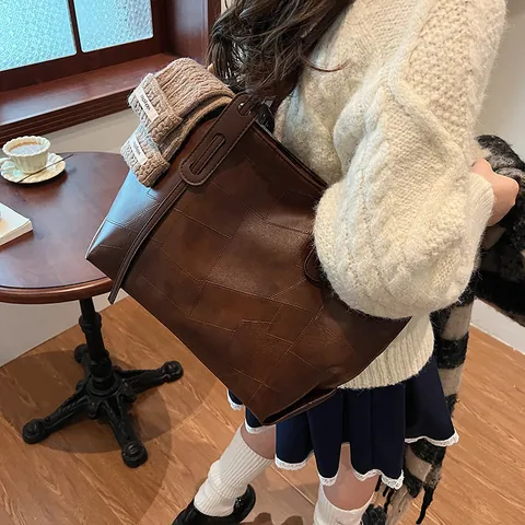 Borsa Tote Vintage in Pelle PU di Grande Capacità per Donna Borsa a Tracolla Patchwork Geometrico di Moda Borsa per Pendolari Lavoro
