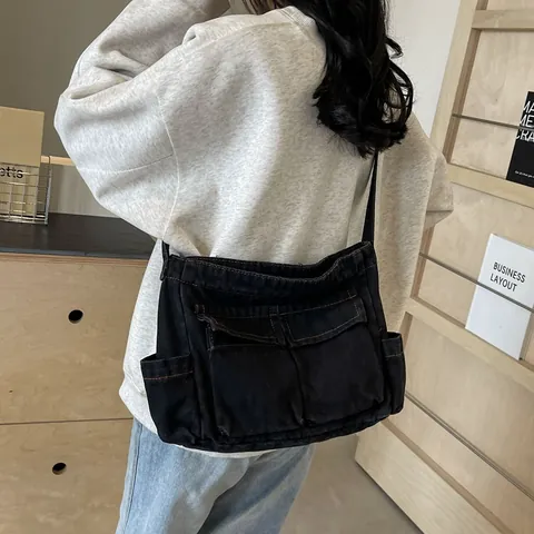 Women Denim Crossbody Bag Multi Pocket Workwear Shoulder Bag Large Capacity Washed Denim Messenger Bag For Daily School Commute