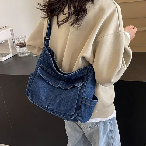 Bolso Bandolera de Mezclilla para Mujer Múltiples Bolsillos Estilo Workwear Gran Capacidad Bolso de Mensajero para Escuela Diario