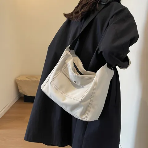 Women Large Capacity Canvas Messenger Bag Japanese Casual Tote Shoulder Bag With Adjustable Wide Strap Contrast Stitching School Commute