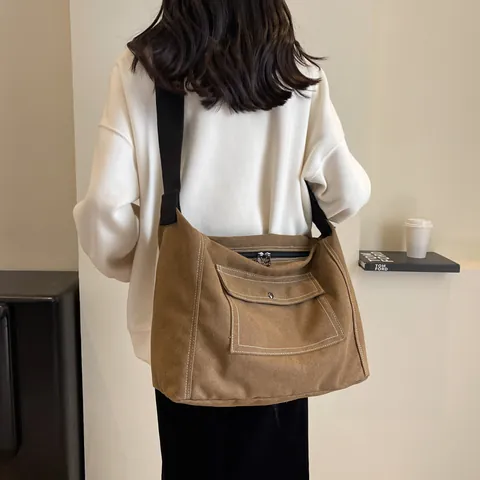 Women Large Capacity Canvas Messenger Bag Japanese Casual Tote Shoulder Bag With Adjustable Wide Strap Contrast Stitching School Commute