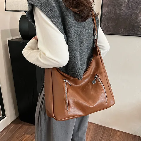 Sac Hobo Vintage en Cuir PU Grande Capacité Sac à Bandoulière Femme Avec Décor à Glissière Sangle Réglable Fourre-tout