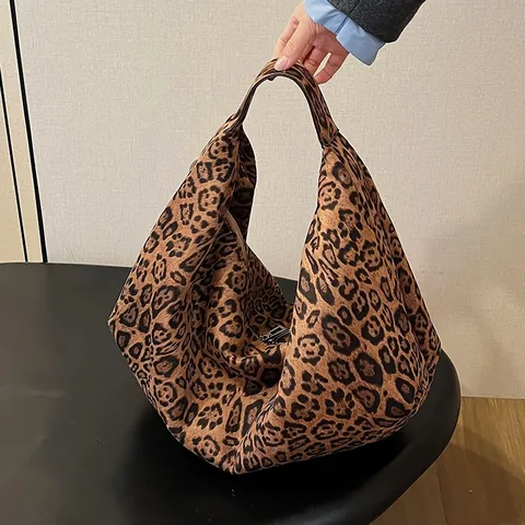 Damen Vintage Leopardenmuster Tote Bag Große Kapazität Canvas Hobo Schultertasche Casual Vielseitige Pendler Handtasche