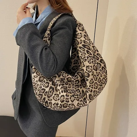 Damen Vintage Leopardenmuster Tote Bag Große Kapazität Canvas Hobo Schultertasche Casual Vielseitige Pendler Handtasche