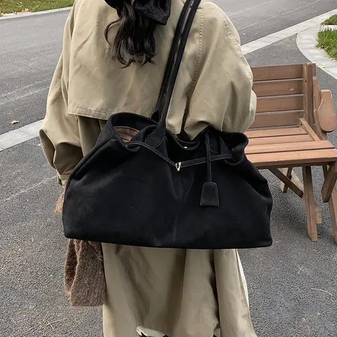Bolso de Mano de Gran Capacidad para Mujer Efecto Ante Color Sólido Minimalista Bolso de Hombro Suave Vintage Bolso de Viaje Con Hebilla Magnética