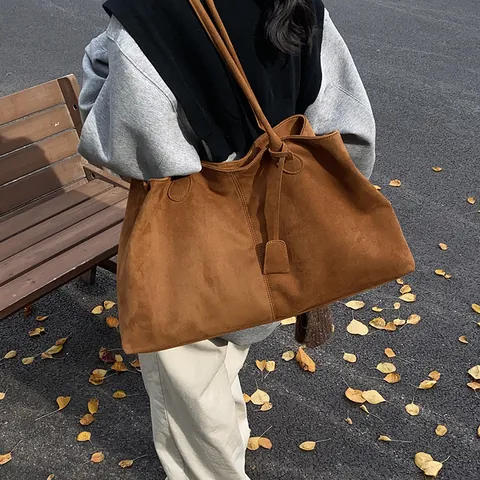 Bolso de Mano de Gran Capacidad para Mujer Efecto Ante Color Sólido Minimalista Bolso de Hombro Suave Vintage Bolso de Viaje Con Hebilla Magnética