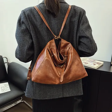 Mochila Multifuncional para Mujer Vintage de Gran Capacidad de Cuero PU Bolso de Hombro Commuter Retro con Puntadas Bolso de Mano Tote