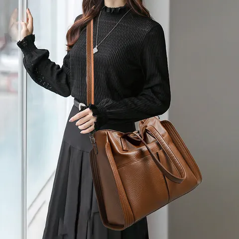 Women Large Capacity PU Leather Tote Bag Retro Casual Shoulder Crossbody Bag For Office Travel Fashion Handbag