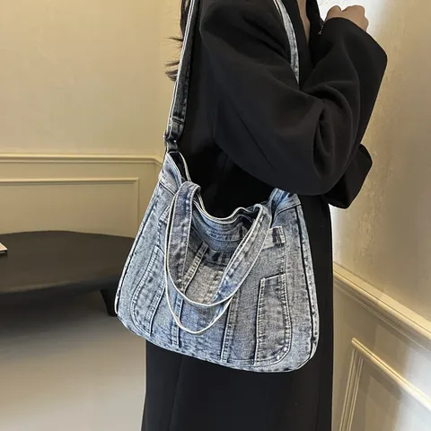 Vintage Washed Denim Tote Bag For Women Large Capacity Multi Pocket Workwear Style Shoulder Crossbody Handbag Casual Bag
