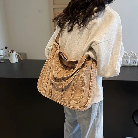Vintage Washed Denim Tote Bag For Women Large Capacity Multi Pocket Workwear Style Shoulder Crossbody Handbag Casual Bag