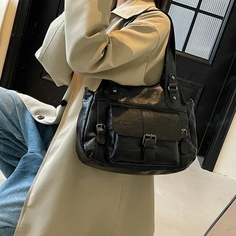 Large Capacity Vintage Tote Bag For Women PU Leather Shoulder Bag Multi Pocket Retro Satchel Casual Commute Work Travel Handbag