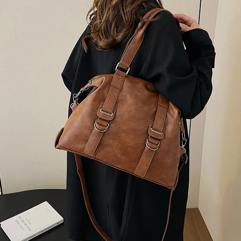 Bolso Tote de Cuero PU de Gran Capacidad para Mujer Vintage Color Sólido Bolso de Hombro Con Asa Superior Y Correa Ajustable Viaje