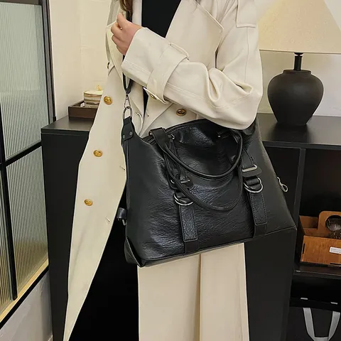 Bolso Tote de Cuero PU de Gran Capacidad para Mujer Vintage Color Sólido Bolso de Hombro Con Asa Superior Y Correa Ajustable Viaje
