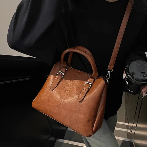 Vintage Solid Color PU Leather Tote Bag For Women Large Capacity Multi Compartment Commuter Shoulder Crossbody Handbag